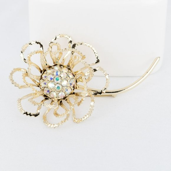 Vintage Flower Brooch AB Stone Gold Tone Signed Sarah Coventry Large Dimensional - Picture 5 of 7